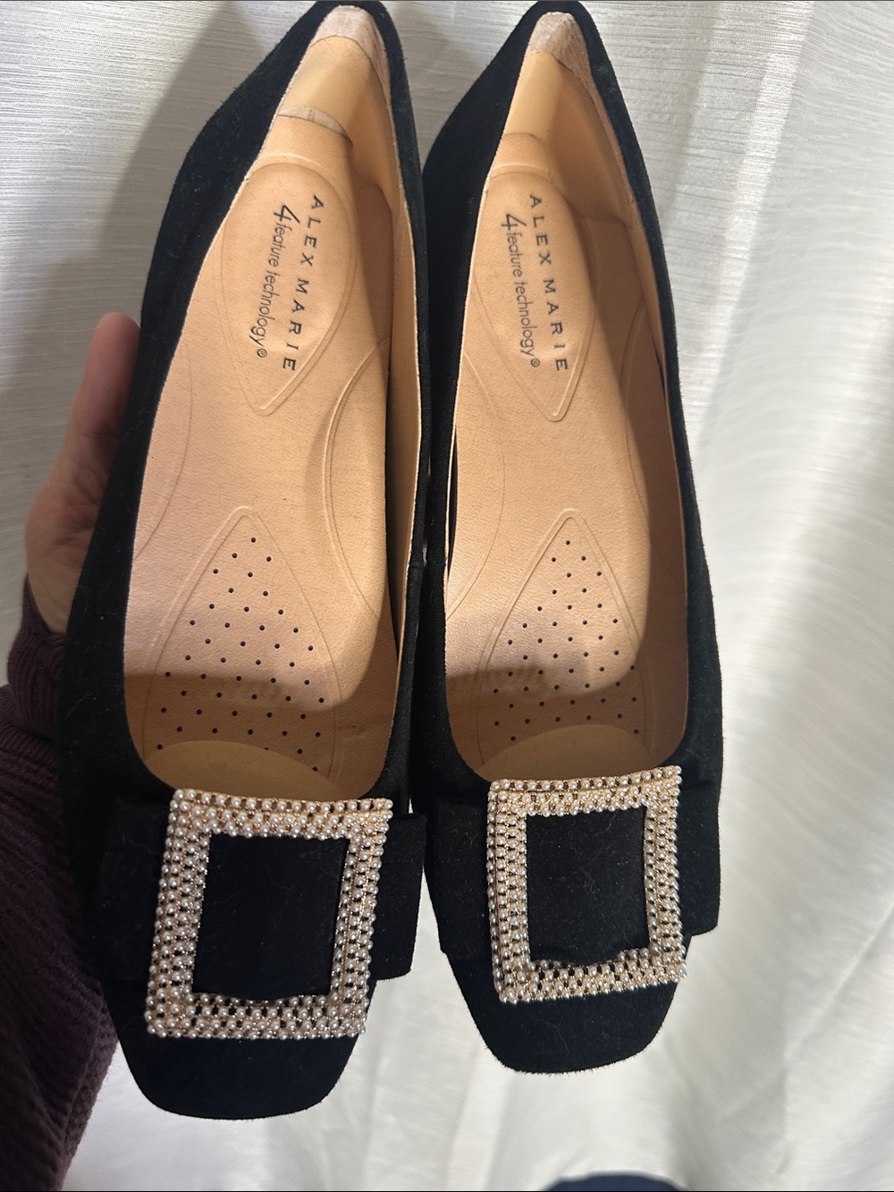 Alex Marie Black Suede Square-Toe Flats with Rhinestone Square Buckles